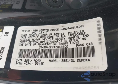 2010 Toyota Corolla Le from USA, damaged, VIN 1NXBU4EE7AZ348800